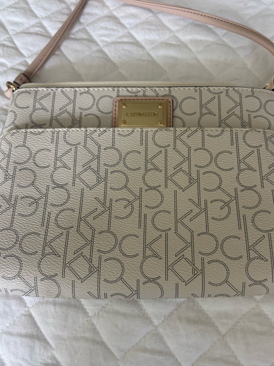 Calvin Klein Handbags - Calvin Klein Cream Logo Crossbody with Pink Strap and Gold Plate